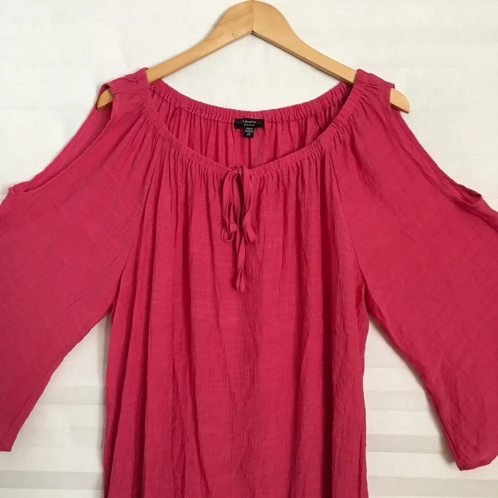 Cocomo Womens Blouse‎ Top Size 2X Cold Shoulder Crinkle Tie Front 3/4th Sleeve